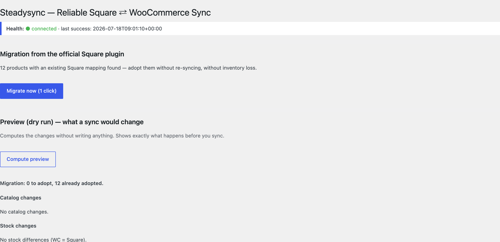 Steadysync dashboard: Health connected to Square; 12 products with an existing Square mapping found — Migrate now in 1 click without inventory loss; plus a dry-run preview of exactly what a sync would change.